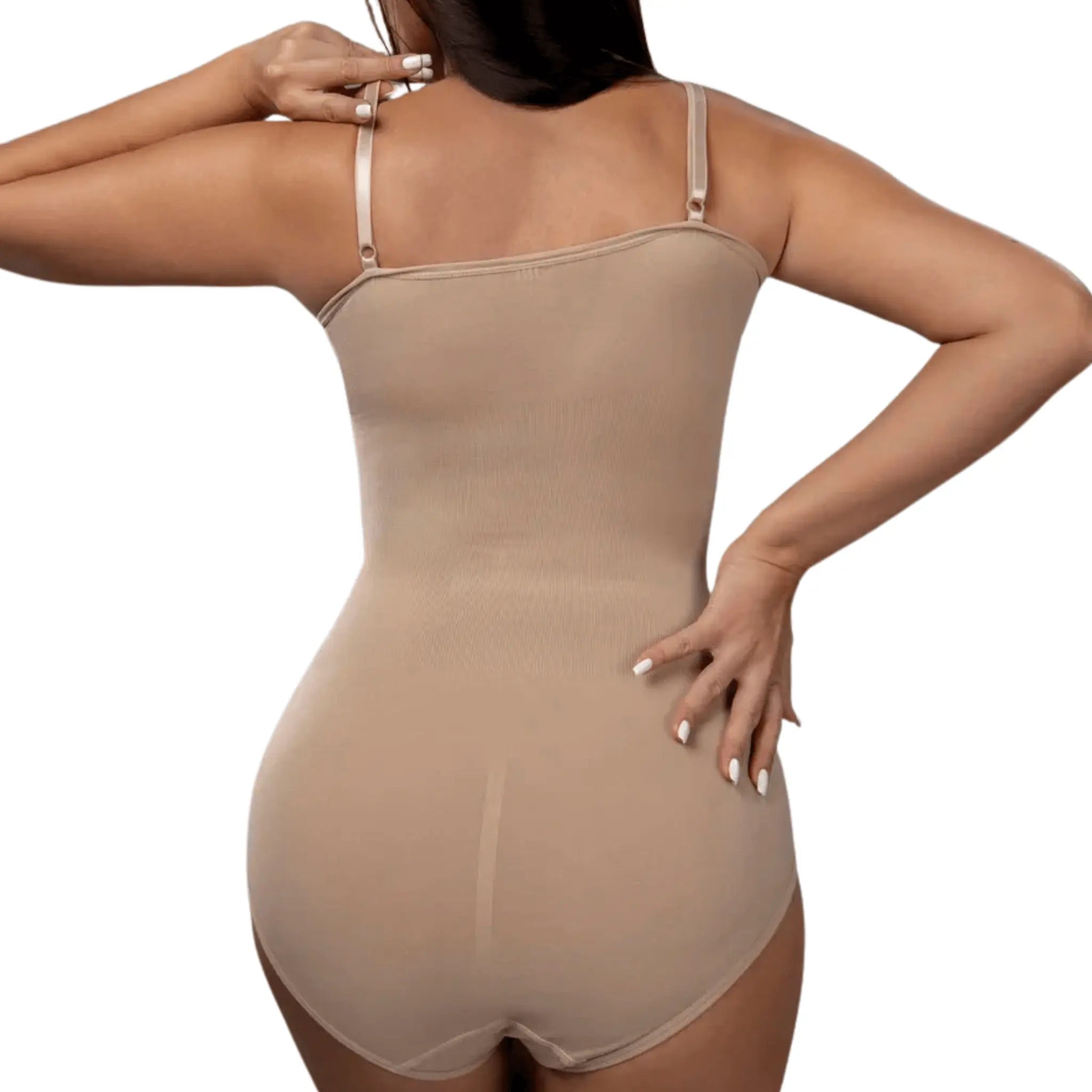 Costas do body modelador bege sem costura com alças ajustáveis