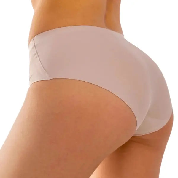 Vista lateral da cueca clássica sem costura nude com tecido macio e corte anatómico.