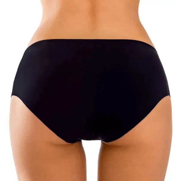 Vista posterior da cueca clássica sem costura preta com cobertura completa e sem marcas.