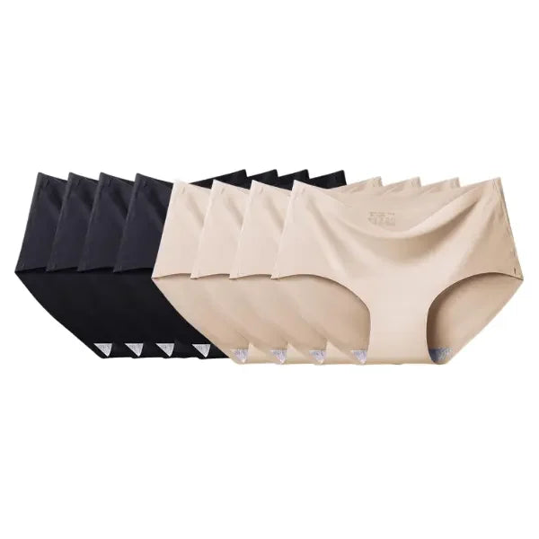 Kit com 8 cuecas femininas sem costura Le Liss em tons de preto e bege clássico.