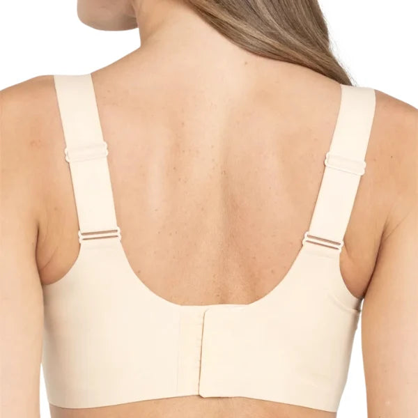 Vista traseira do soutien sem aro bege Aura com alças largas ajustáveis, fecho colchetes e laterais largas.
