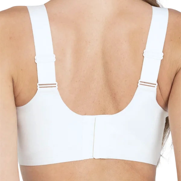 Vista traseira do soutien sem aro branco Aura com fecho e alças ajustáveis.