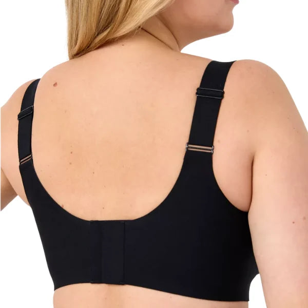 Vista traseira do soutien Aura preto sem aro com alças largas ajustáveis.