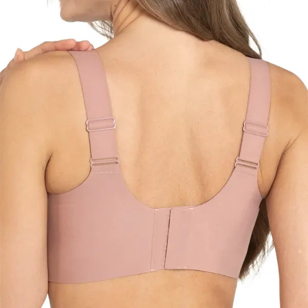 Vista traseira do soutien sem aro rosê Aura com fecho e alças ajustáveis.