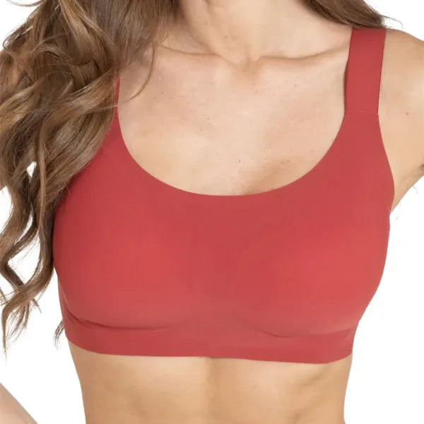 Detalhe do soutien sem aro vermelho Aura com decote arredondado e sustentação leve.