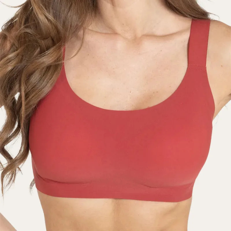 Detalhe frontal do Soutien Aura Vermelho Le Liss com tecido liso e sustentação sem aro