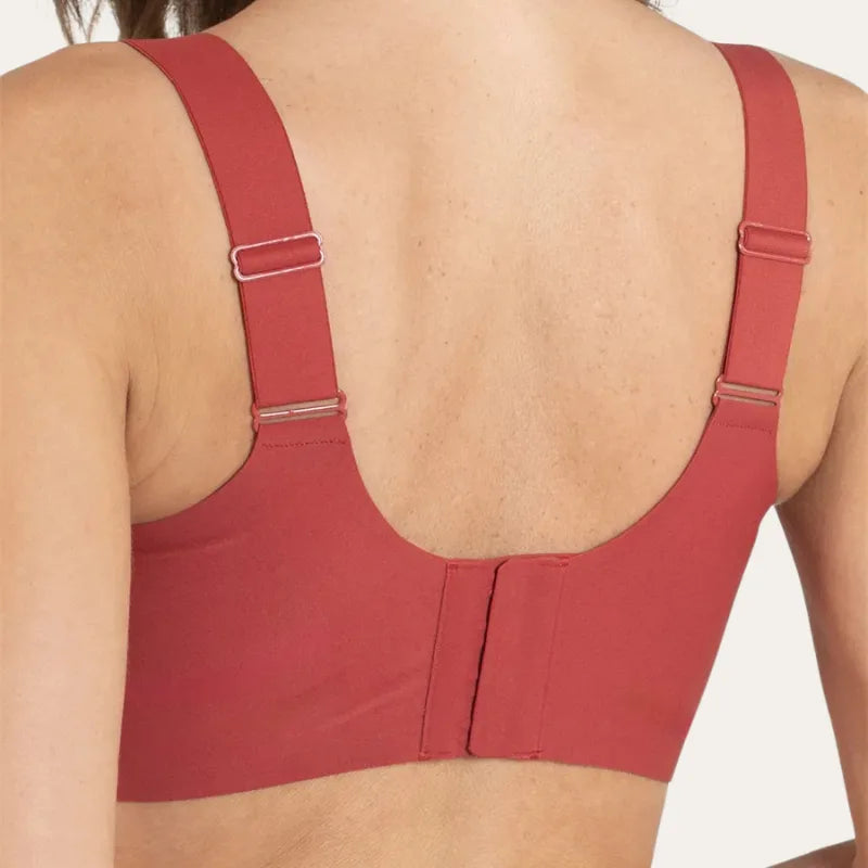 Detalhe das costas do Soutien Aura Vermelho Le Liss com fecho traseiro e estrutura sem costuras