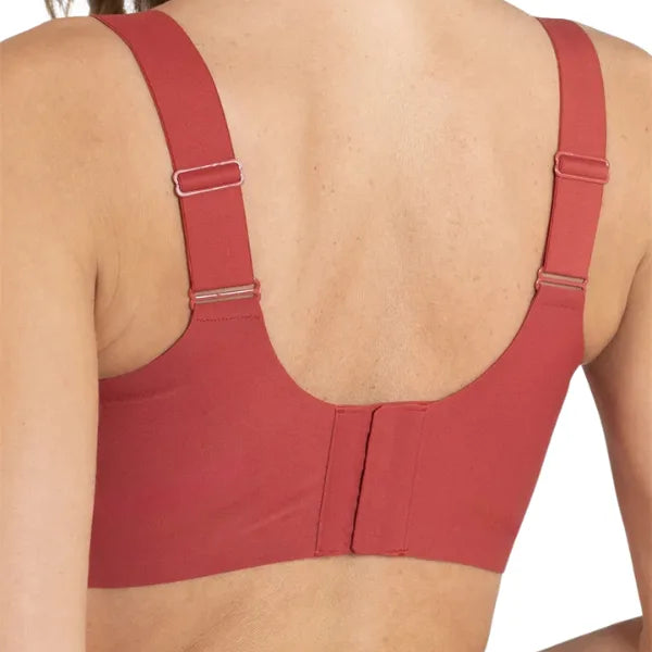 Vista traseira do soutien sem aro vermelho Aura com fecho e alças ajustáveis.