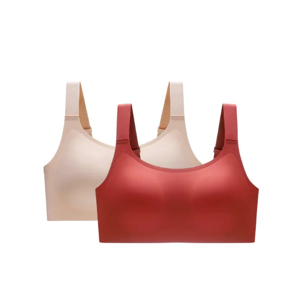 Vista traseira do soutien sem aro vermelho Aura com fecho e alças ajustáveis.