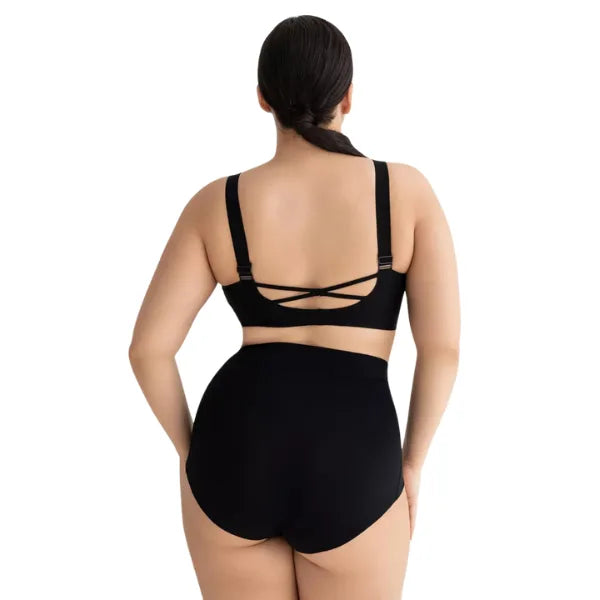 Vista traseira do soutien sem aro preto CrossLift com alças ajustáveis e detalhe cruzado.