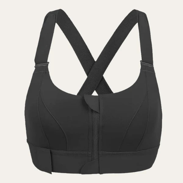 Soutien desportivo preto Alba Le Liss com alças cruzadas e fecho frontal em zíper para suporte firme e confortável.