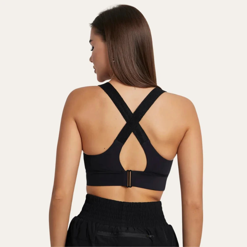 Vista traseira do soutien desportivo Alba preto com alças cruzadas nas costas – Le Liss