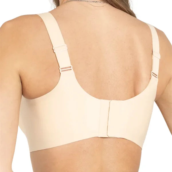Vista traseira do soutien sem aro bege Grace com fecho reforçado e alças ajustáveis.