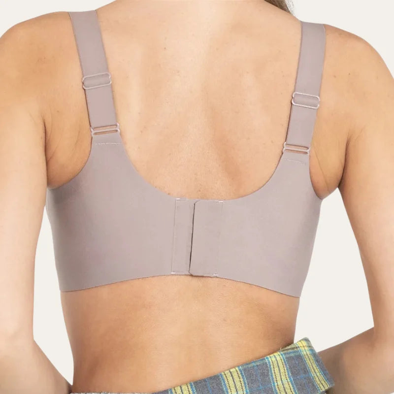 Vista posterior do soutien Grace nude Le Liss com fecho regulável e acabamento suave para suporte sem marcas.