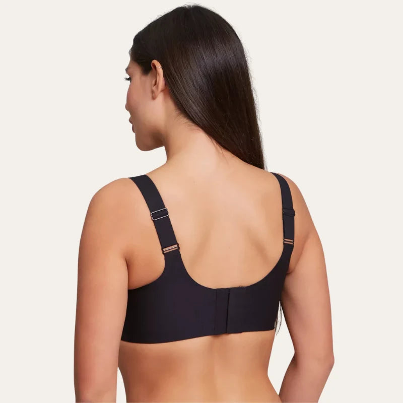 Vista posterior do soutien Grace preto Le Liss com fecho regulável e alças largas para melhor suporte.