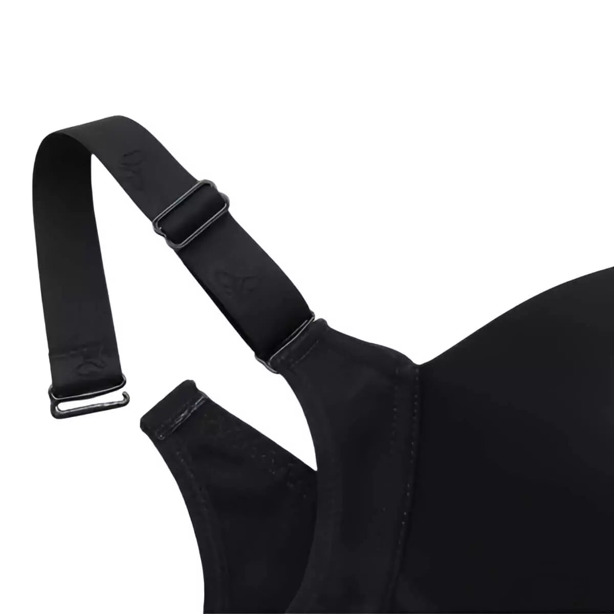 Detalhe da alça ajustável do soutien preto com costura reforçada.
