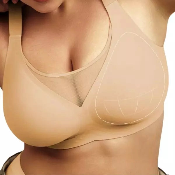 Soutien redutor sem aro bege com detalhe em tule no decote e estrutura de suporte modeladora