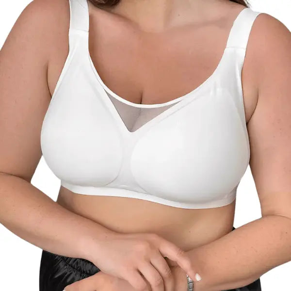 Frente angular do soutien branco com alças largas e detalhe em tule