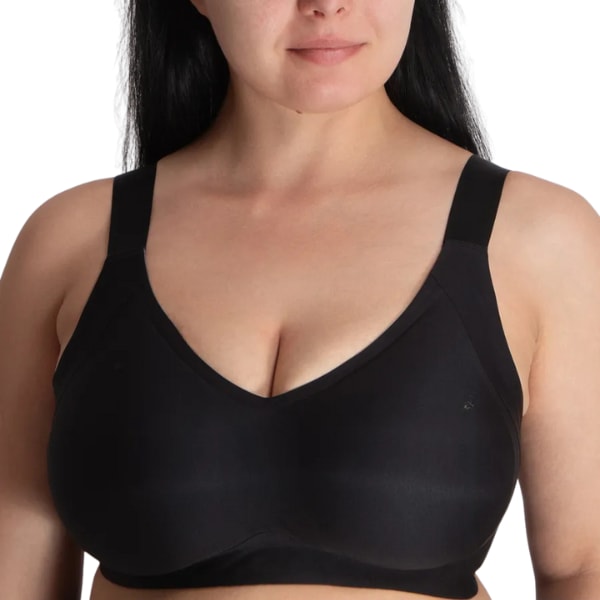 Close-up do soutien Sculpt redutor preto sem aro com decote em V e acabamento sem costuras.