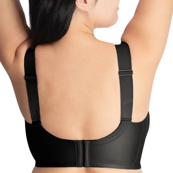 Vista traseira do soutien Sculpt redutor preto sem aro com fecho de colchetes e alças largas ajustáveis