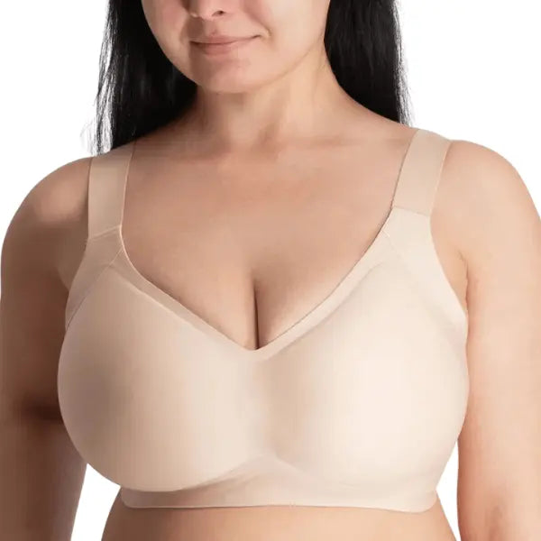 Close up do Soutien Sculpt bege sem aro com copas moldadas e decote em V.