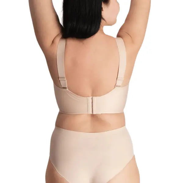 Vista traseira do soutien Sculpt bege com fecho de colchetes e alças ajustáveis