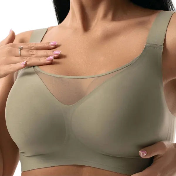 Decote em tule transparente no soutien verde oliva