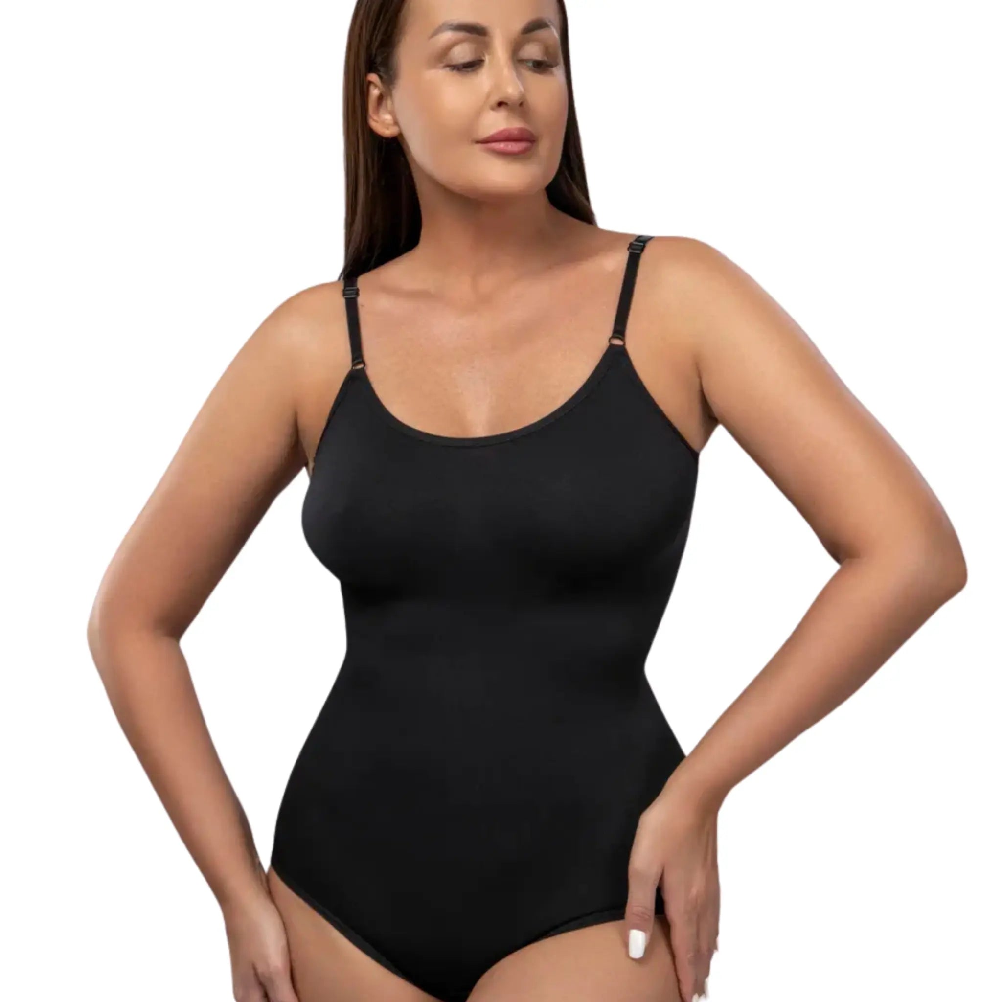 Modelo vestindo body modelador preto sem costura