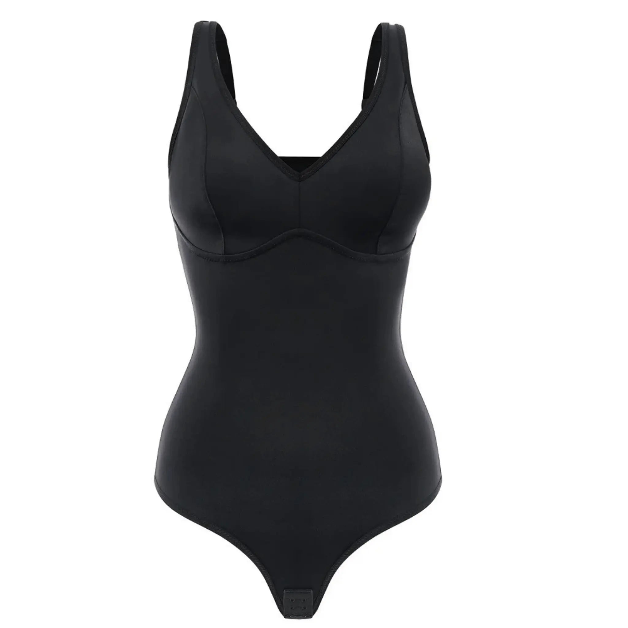 Body modelador tanga preto inteiro visto de frente em fundo branco