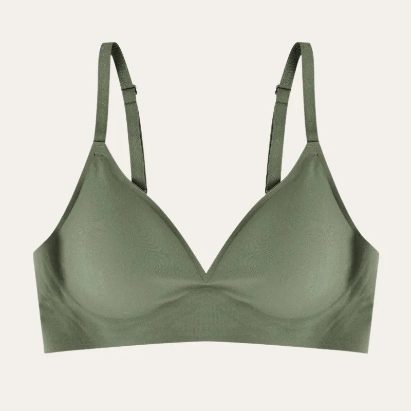 Bralette verde oliva Le Liss com copas moldadas, tecido sem costuras e design sem aro para máximo conforto diário.