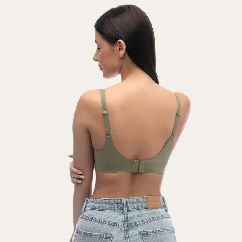 Vista posterior do bralette verde oliva Le Liss com fecho ajustável e alças finas reguláveis para ajuste perfeito.