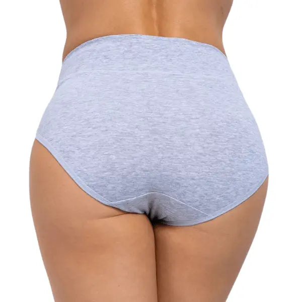 Vista posterior da cueca de algodão cinza cintura média com corte clássico e tecido macio.