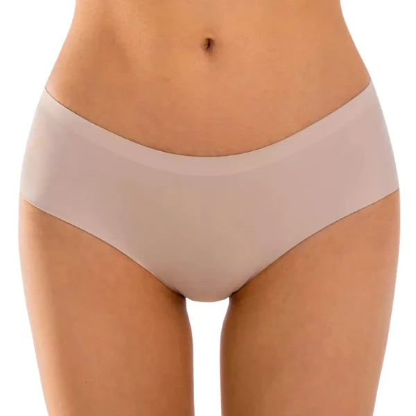 Vista frontal de cueca essencial nude sem costura com corte a laser e efeito invisível na pele.