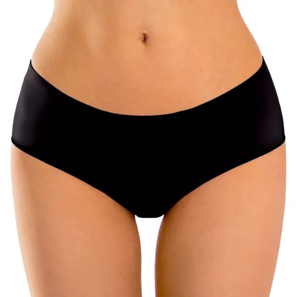 Vista frontal de cueca preta essencial com corte a laser e design invisível sob a roupa.