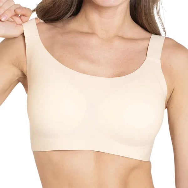 Detalhe do soutien sem aro bege Aura com tecido liso e design sem costura.