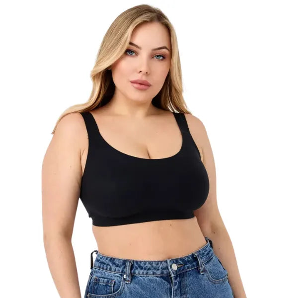 Soutien Aura preto sem aro com design liso, decote redondo e copas moldadas.