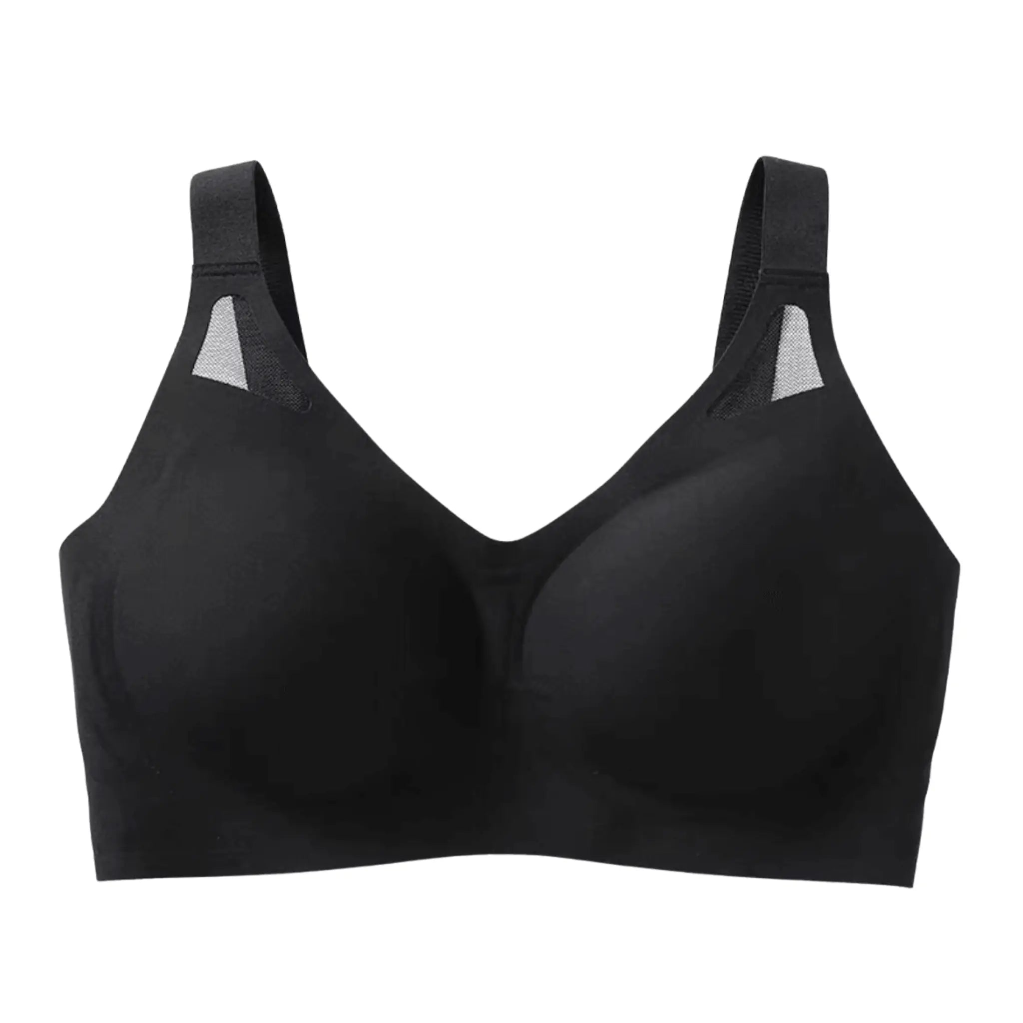 Soutien Comfort Sem Aro Preto, fundo branca, mostrando o decote em V, o tecido sem costura e o detalhe de tela nas alças.