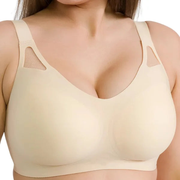 Detalhe do soutien CrossLift sem aro bege com zonas em rede nas alças.