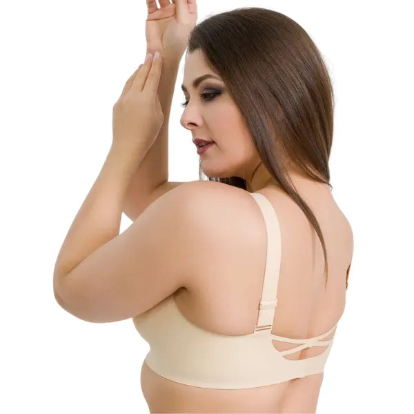 Vista lateral do soutien bege CrossLift com tecido sem costuras.