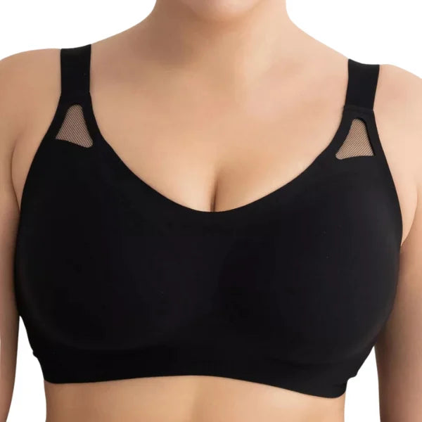 DClose up do soutien sem aro preto CrossLift com detalhes em rede nas alças.