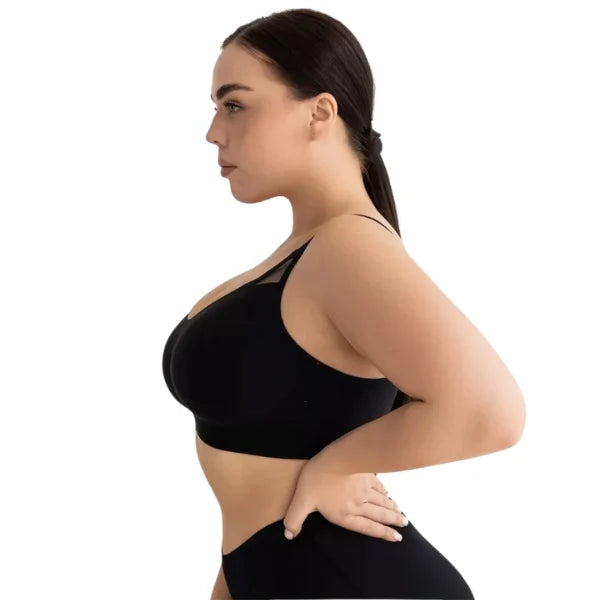 Vista lateral do soutien sem aro preto CrossLift com tecido sem costuras.