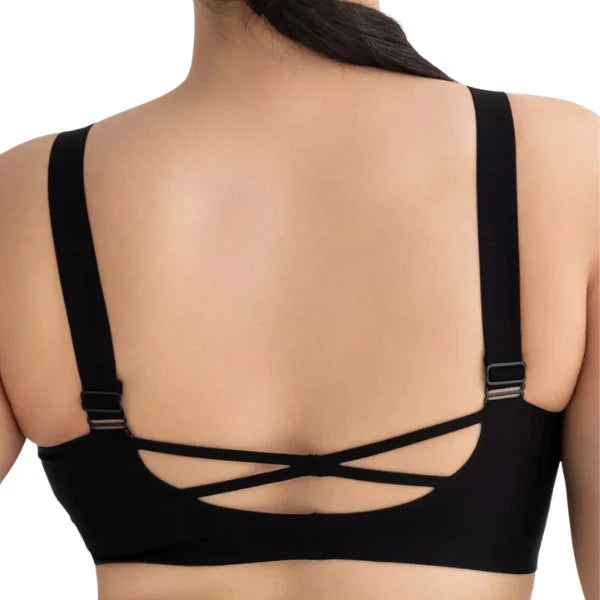 Close up da vista traseira do soutien sem aro preto CrossLift