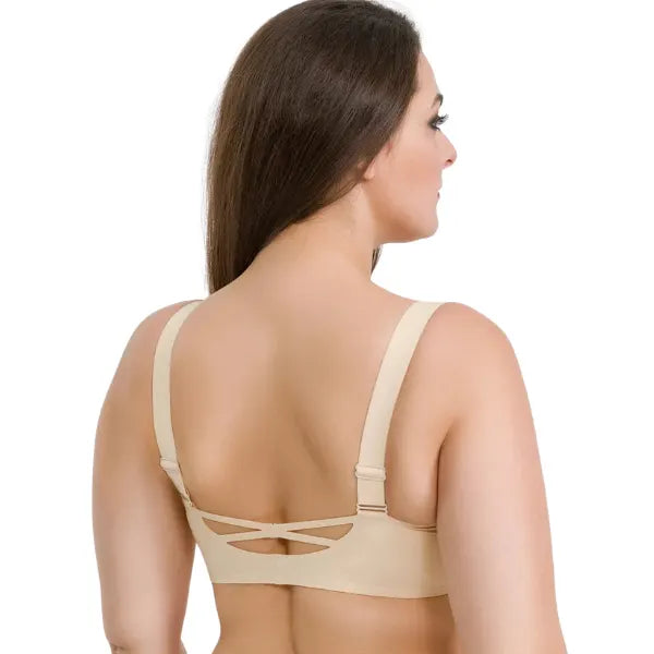 Vista traseira do soutien CrossLift bege  com detalhe cruzado elástico.