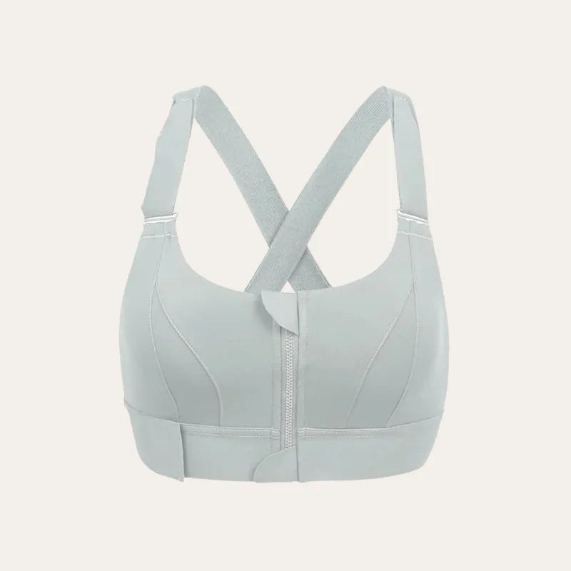 Soutien desportivo Alba branco gelo com fecho frontal e costas cruzadas – Le Liss