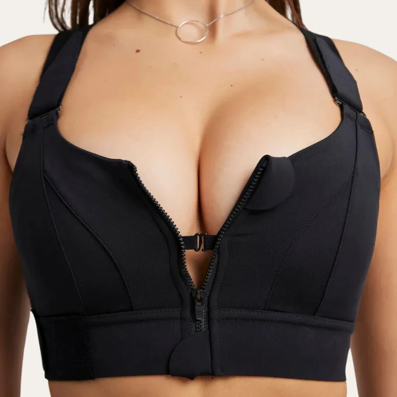 Detalhe do fecho frontal com fecho éclair do soutien desportivo Alba preto – Le Liss