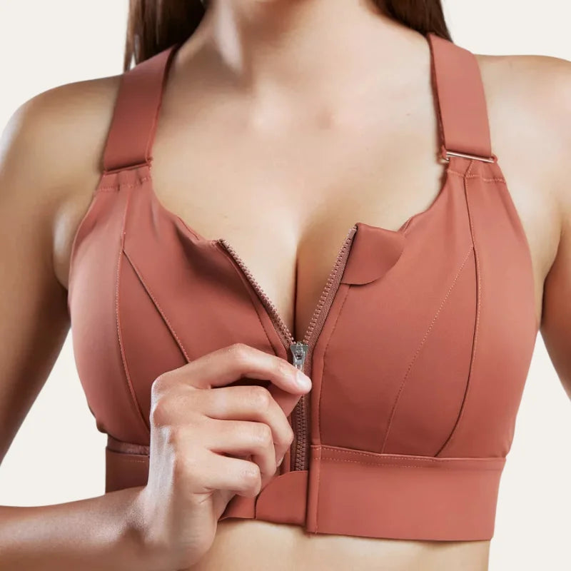 Detalhe do fecho frontal do soutien desportivo Alba terracota – Le Liss