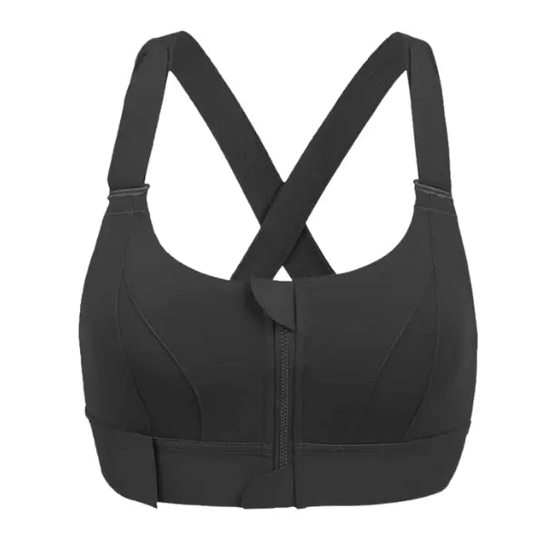 Soutien desportivo preto com fecho frontal, alças largas cruzadas e design de alta sustentação.