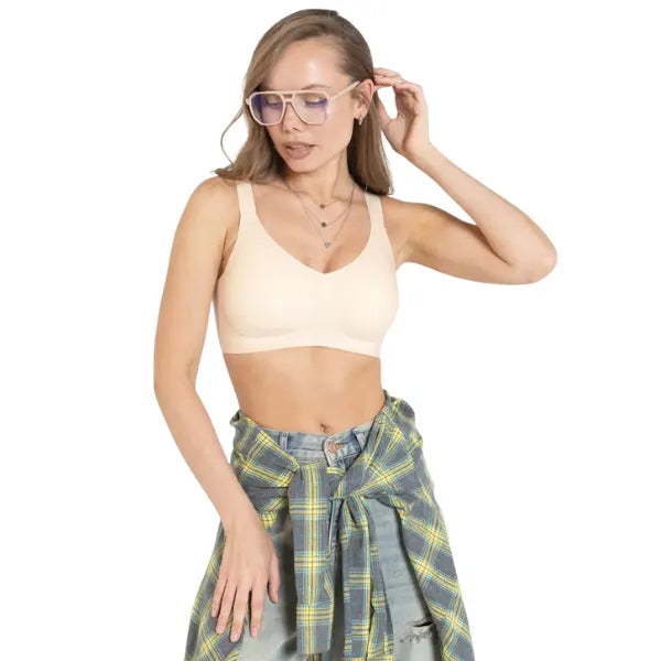 Soutien sem aro bege Grace com decote em V e tecido de toque suave.