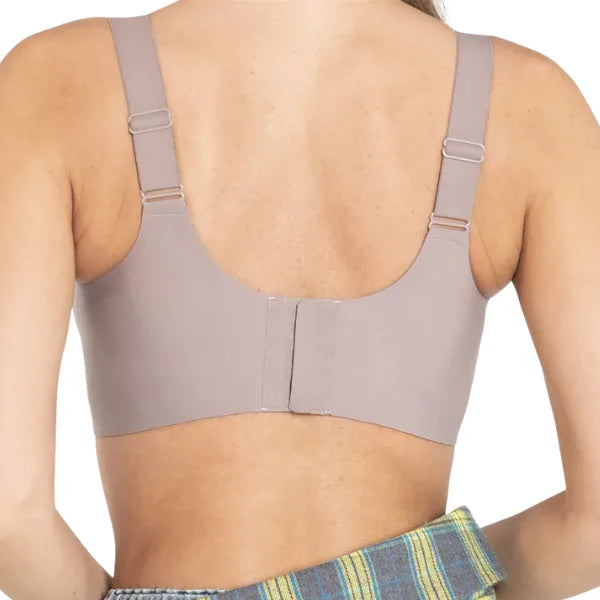 Vista traseira do soutien sem aro nude Grace com alças largas e fecho reforçado.