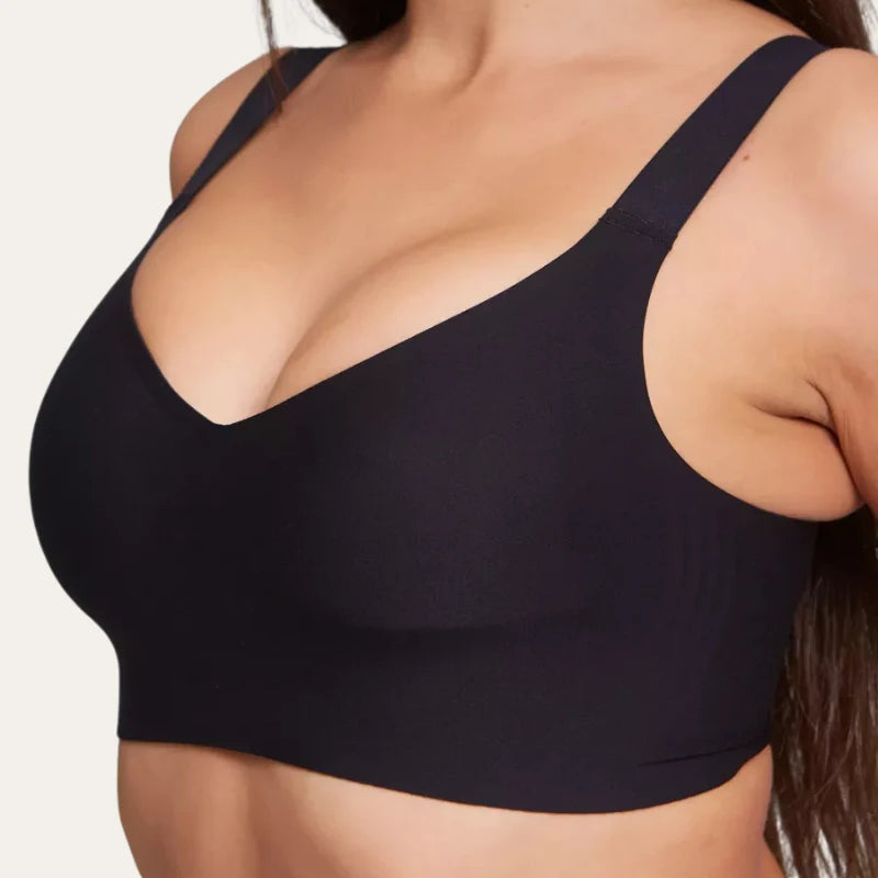 Close-up do soutien Grace preto Le Liss a destacar o decote em V e a textura suave do tecido sem costuras.